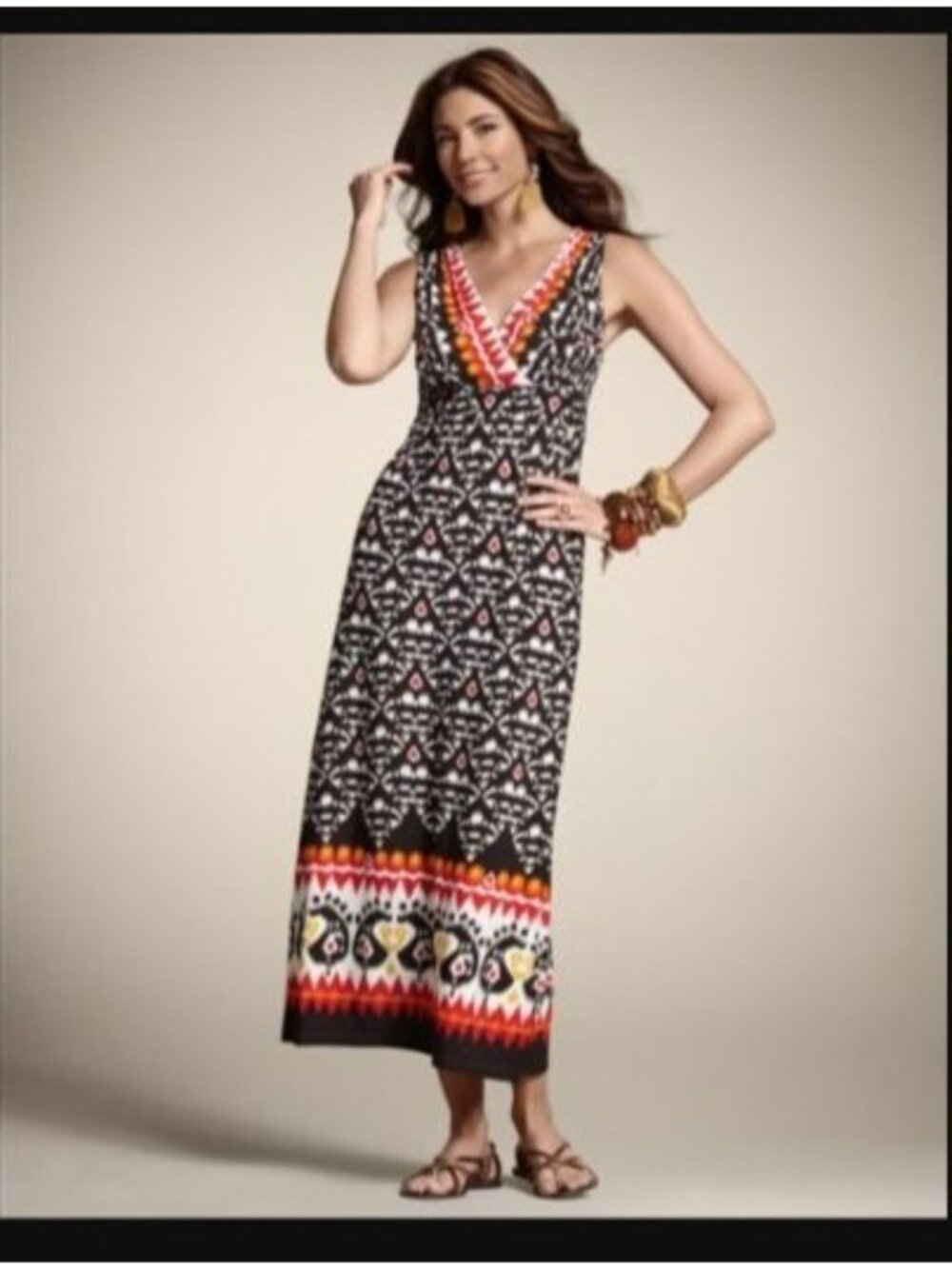 Chico's 2 Brown Orange Print Maxi Dress Tribal Ikat Geometric size large knit